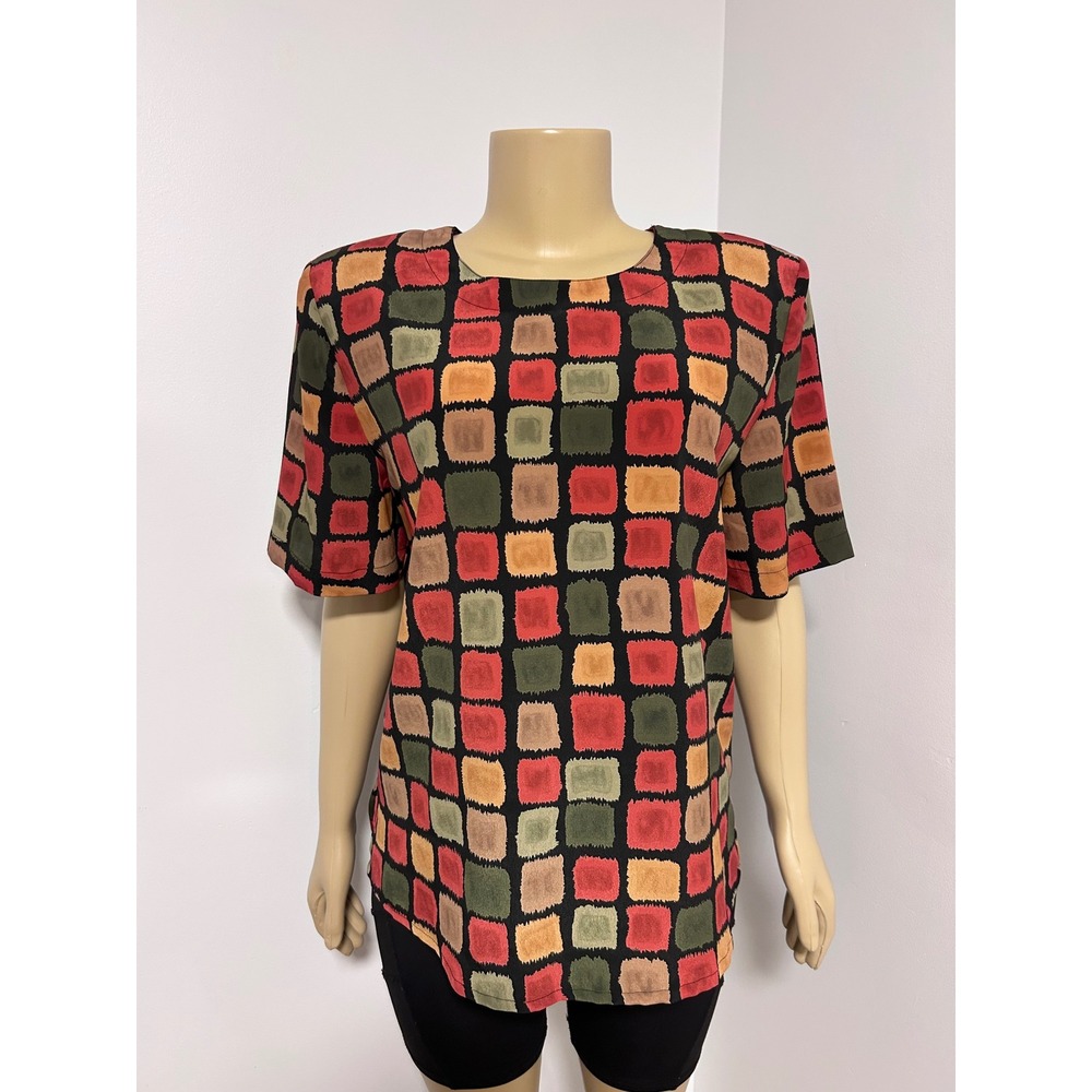 80s Modern Essentials Womens M Red Green Geometric Grid Short Sleeve Blouse Top